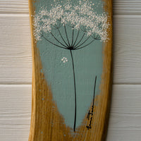 Small Cow Parsley fine flower head soft turquoise blue live edge wood