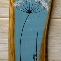 Small Cow Parsley fine flower head light sky blue live edge wood