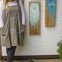 Aprons-Khaki with light colour screen printed cow parsley design.