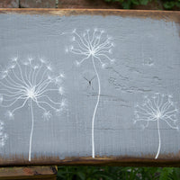 X.L Dandelion Skeletons mid grey live edge wood painting close up