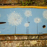 XXL Dandelions sky blue live edge wood painting outside