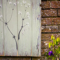 Hedge Bedstraw sage green / grey reclaimed wooden boards painting close up