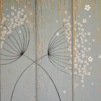 Cow Parsley duck egg blue / sage green reclaimed wooden board painting close up