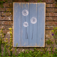Dandelions soft grey blue / light grey reclaimed wooden boards painting