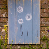 Dandelions soft grey blue / light grey reclaimed wooden boards painting outside