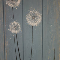 Dandelions soft grey blue / light grey reclaimed wooden boards painting close up