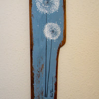 Large Dandelions soft grey / blue reclaimed wood painting close up