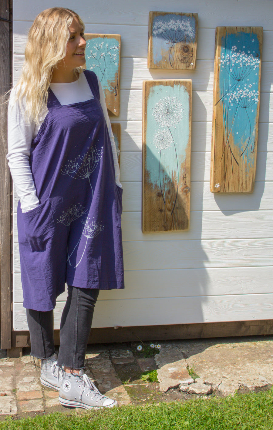 Aprons-Navy Blue with light grey screen printed cow parsley design