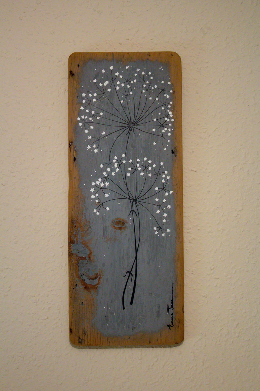 Large wild flower soft grey reclaimed wood painting close up