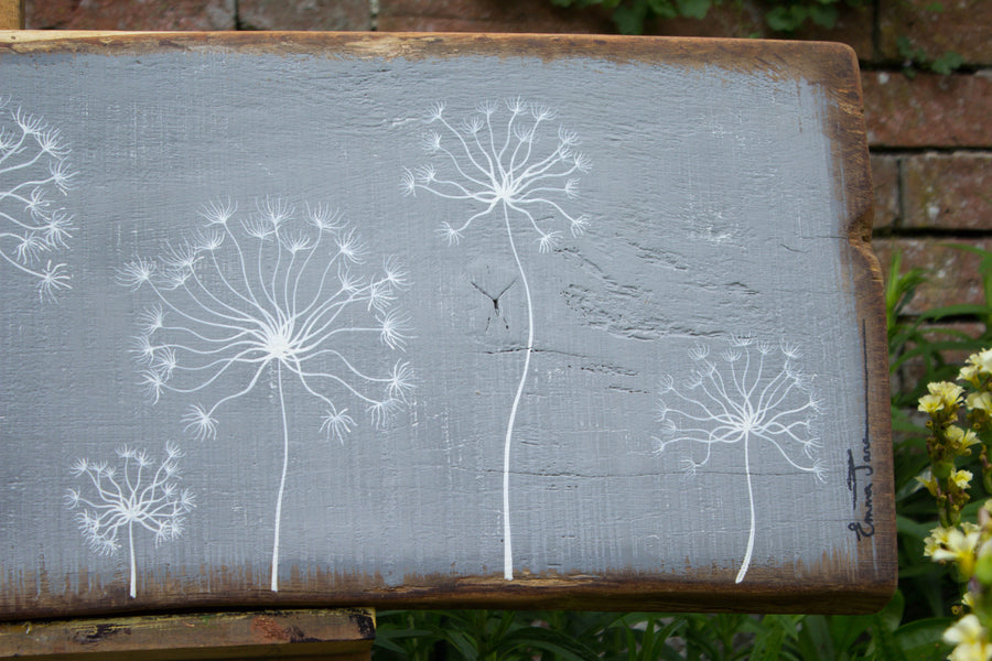 X.L Dandelion Skeletons mid grey live edge wood painting close up