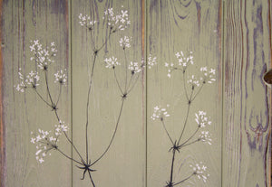 Hedge Bedstraw sage green / grey reclaimed wooden boards painting close up