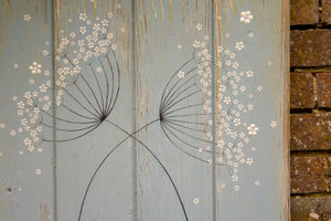 Cow Parsley duck egg blue / sage green reclaimed wooden board painting close up