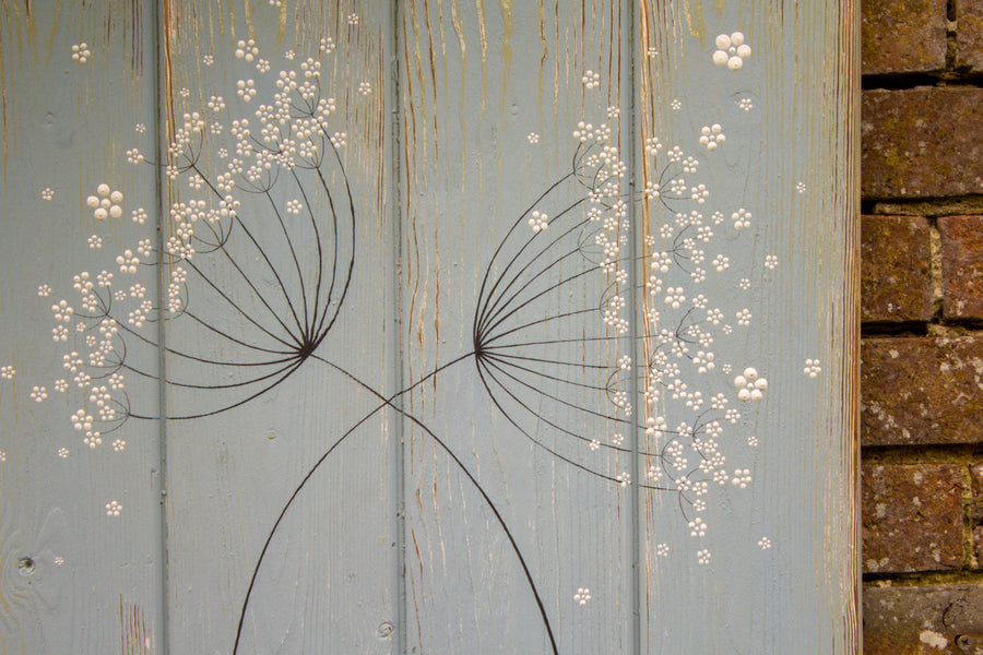 Cow Parsley duck egg blue / sage green reclaimed wooden board painting close up