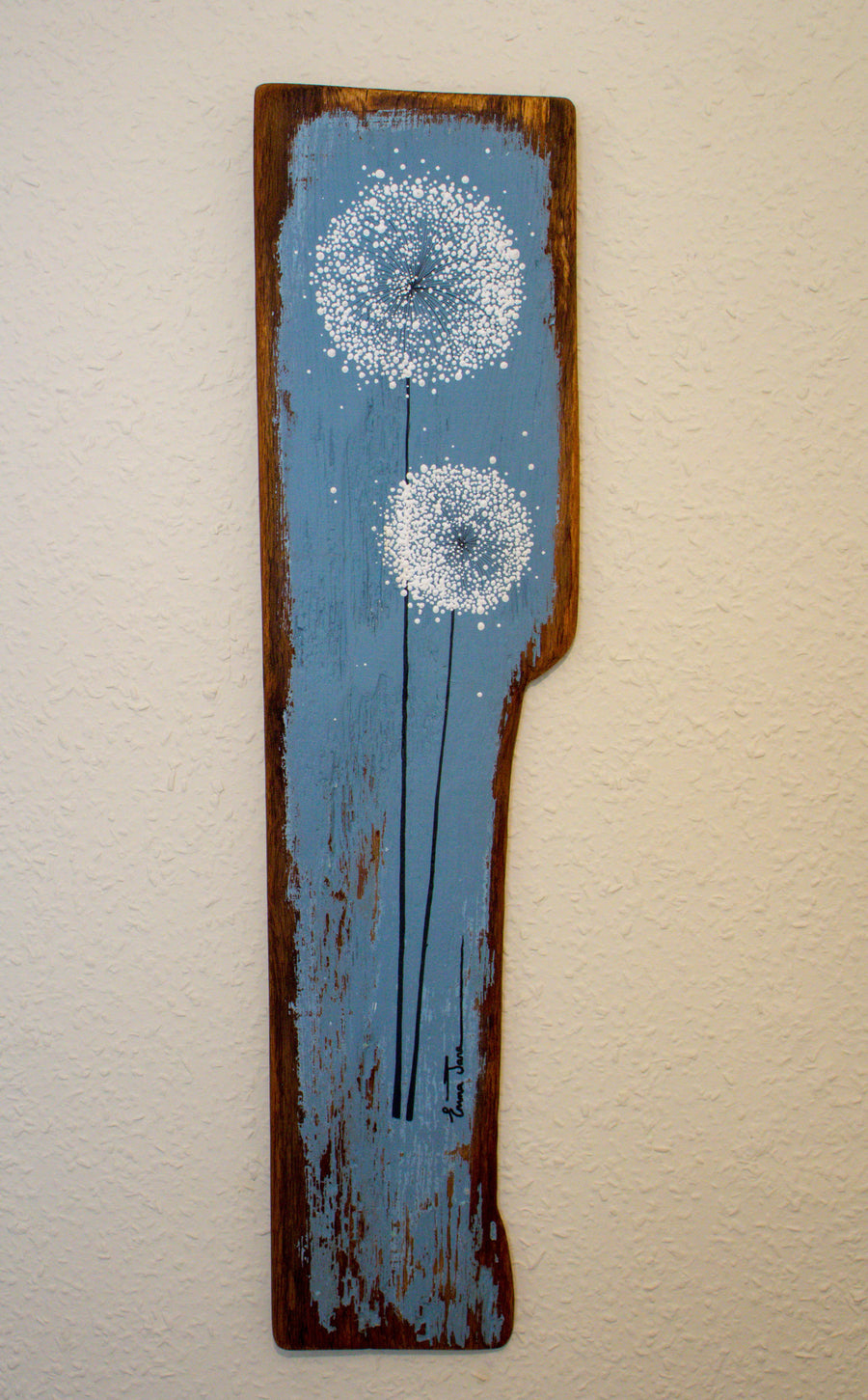 Large Dandelions soft grey / blue reclaimed wood painting close up