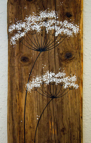 Large Cow Parsley large flower heads natural reclaimed wood painting closer up